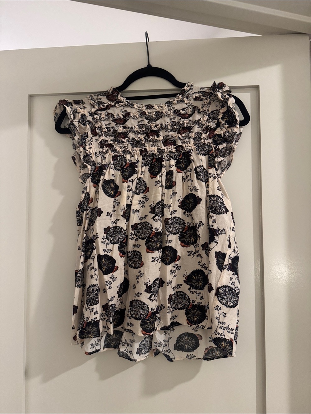 Ulla Johnson Cream Floral Smocked Cap-Sleeve Blouse